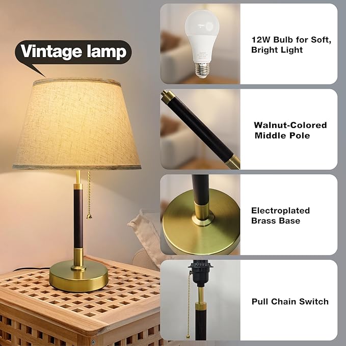 QUIGO Bedside Table Lamp for Bedroom Living Room,3 Color Temperature,Bedside Lamps for Nightstand with Linen Lampshade,Solid Wood & Brass,Modern End Table Lamp,Led Side Table Desk Lamp Vintage BW03T