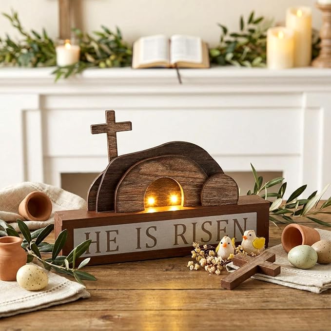 Yousoontic Empty Tomb Easter Scene and Cross Decoration He Is Risen Decor with Light String Wood Easter Tabletop Sign Christian Table Centerpiece Resurrection Scene Jesus Nativity Religious Home Decor