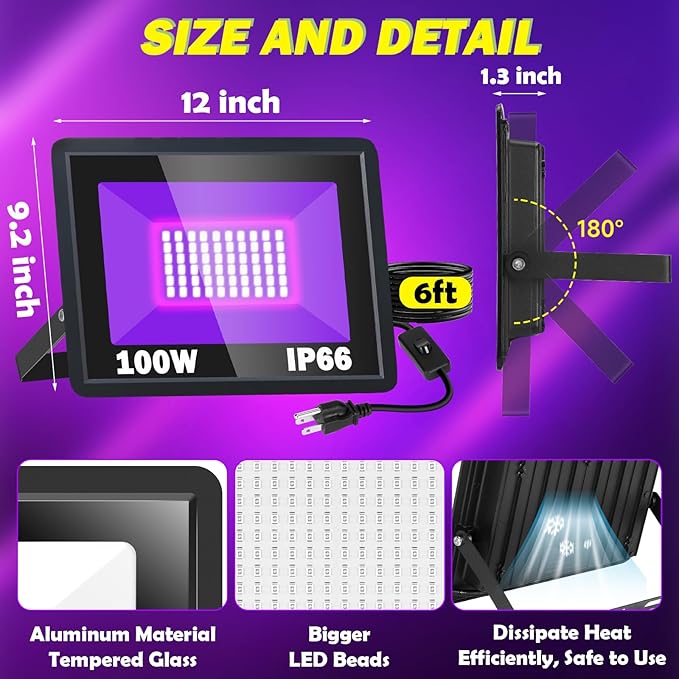 2 Pack 100W LED Black Light, IP66 Waterproof Outdoor Blacklight Flood Light Spotlight with Plug, Switch, Cord for Neon Glow Party Fluorescent Poster Body Paint Stage Lighting Halloween Decor