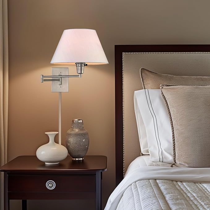 Kira Home Cambridge 15" Swing Arm Wall Lamp - Plug in/Wall Mount + White Fabric Shade, 150W 3-Way + Cord Covers, Satin Nickel Finish