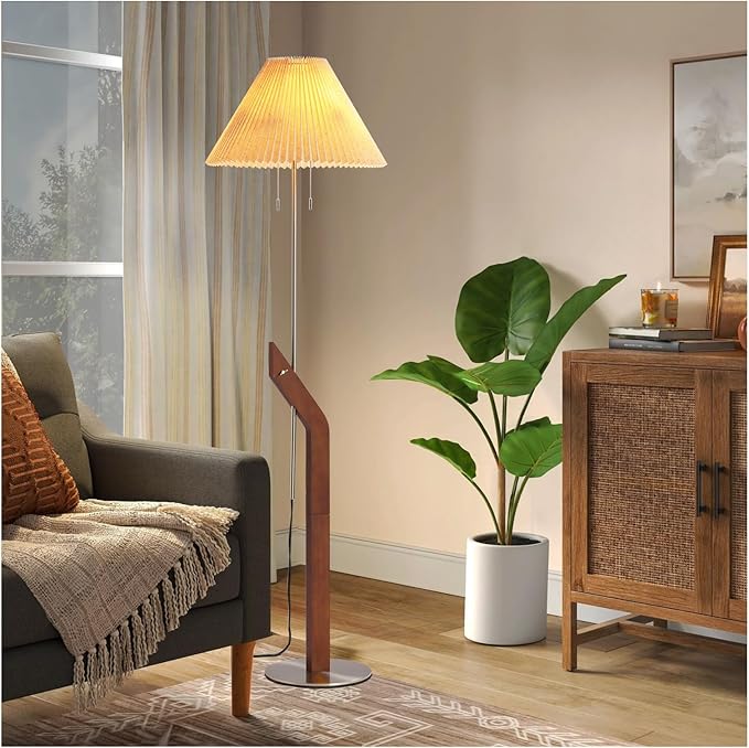 Wood Floor Lamp,2-Light Modern Mid Century Vintage Floor Lamp, Height Adjustable Living Room, Study Room,Bedroom,Office Tall Standing Lamp,Linen Lampshade