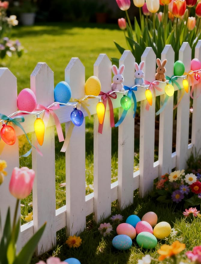 12Ft Connectable Easter String Lights, 20 LED Warm White Carrot & Electroplated Egg, UL Waterproof, Indoor Outdoor Decor