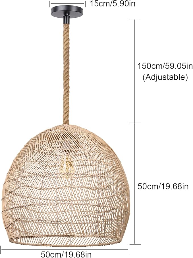 Arturesthome 1 Light Natural Rattan Pendant Light Fixture,Woven Pendant Light Wicker Chandelier,Hanging Ceiling Light,Handmade Lampshade,Rope Lamp for Kitchen Island W19.6in X H 17.7in