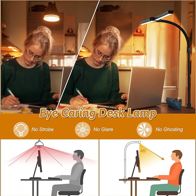 LED Desk Lamp for Office Dorm Home - Eye Caring Desk Light with Timer, Remote Control 24W Brightest Dual Screen Computer Monitor Gooseneck Dimmable Table lamp with Anti-Glare Cover Clamp & Base