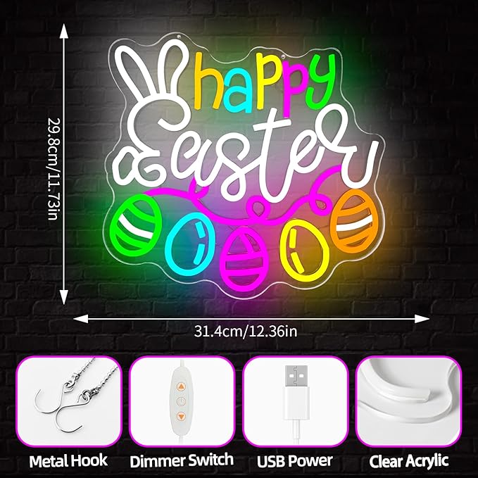 Happy Easter Neon Sign Dimmable Flashing Easter Eggs Led Sign Bunny Shape Spring Neon Light Multicolor Eggs Neon Window Lights for Party Home Decor