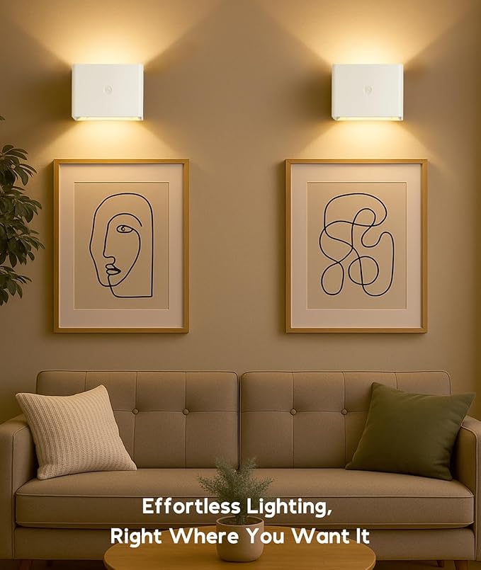 Battery Operated Wall Sconces Set of 2 for Living Room, Wireless Rechargeable Motion Sensor Wall Light with Remote for Bedroom, Bathroom, Hallway, Indoor Ambient Lighting (White)