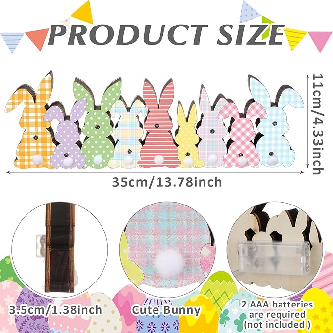 Yousoontic Easter Decorations, Bunny Easter Decor for Table with LED Lights Wood Bunny Table Centerpieces with Plush Tail 3D Block Rabbit Sign Farmhouse Decor for Spring Home Mantel Desk Office Party