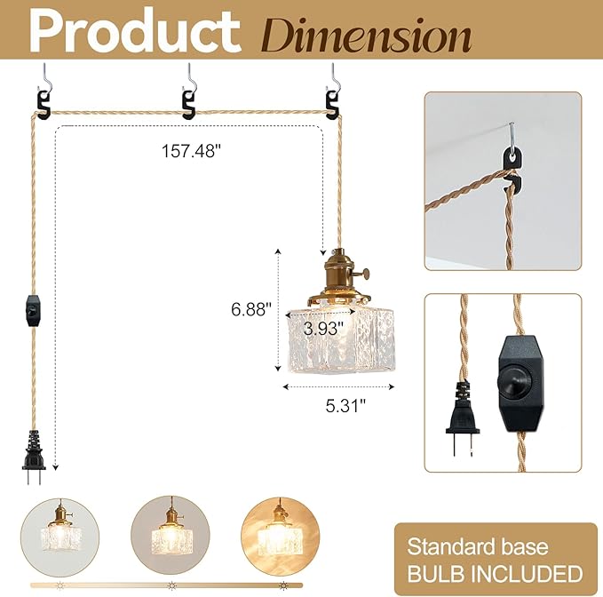 Plug in Pendant Light, Clear Cube Glass Shade Hanging Lamp, Industrial Pendant Light for Basement, Dinning Room and Bedroom Minimalism Glass Pendant Lights Kitchen Island