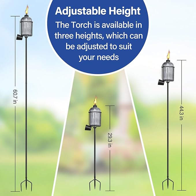 4 Pack Gray Glass Garden Torch, Colorful Outdoor Torch Garden Décor,61-Inch Upgraded Citronella Torches with 3-Prong Grounded Stake, Metal Light Torches for Party Patio Pathway