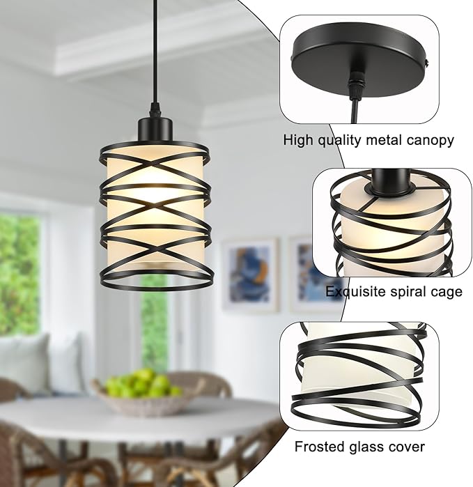 2 Pack Pendant Light Kitchen Island Pendant Lighting, Hanging Light with Spiral Cage Frosted Glass Shade, Black Modern Indoor Hanging Lamp