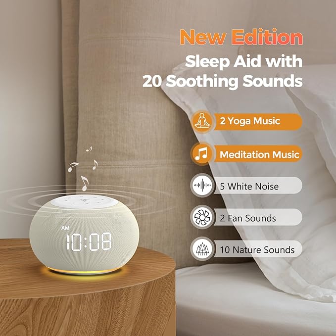 Reacher Auto-Dimmable Alarm Clock White Noise Machine with Night Light, 20 Soothing Sounds, Sleep Timer, Fabric LED Display, Precise Volume Control, Small Sound Machine for Nursery, Baby