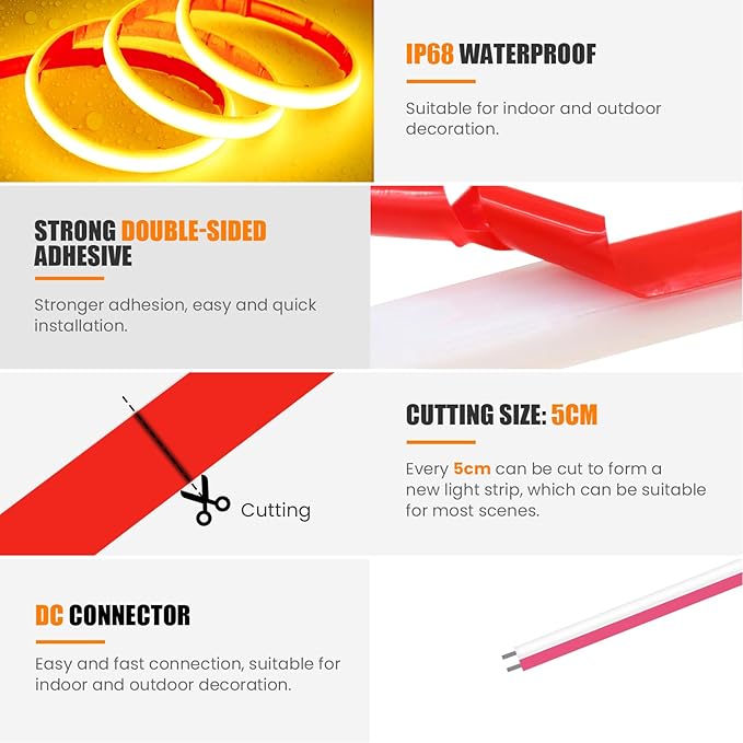 24V COB Neon Strip, 320LEDs/m Ultra-Bright Flexible COB Neon LED Strip, Outdoor Waterproof IP68 Self-Adhesive Tape, Red/White 2-Wire LED Fairy Lights for Patio, Christmas（Yellow,6M）