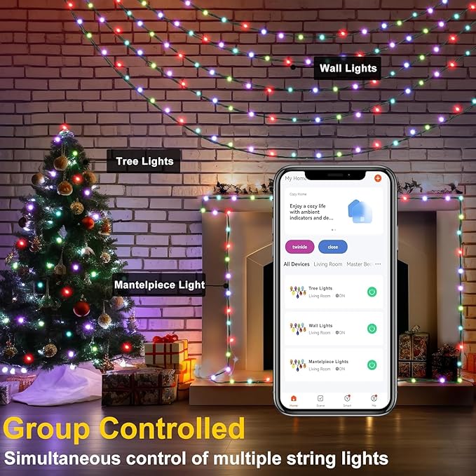 PMS Smart WiFi LED Christmas Lights, APP-Controlled RGB Fairy String Lights, Ideal for Xmas Tree, Garden, Home, Party, Halloween Festival Deco (33ft-100LED)