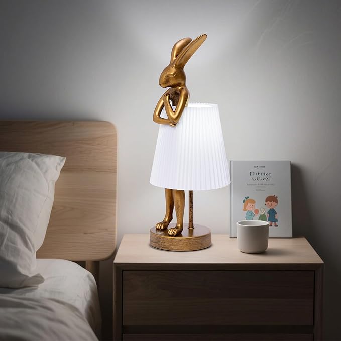 Bunny Cordless Table Lamp with 5000mAh Battery,Rechargeable Resin Rabbit Lamp with Pleated Shade Stepless Dimmable LED Small Cute Animal Light for Kids Room Home Decor Adult Gift(White)