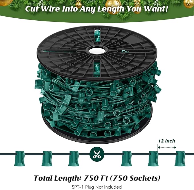 Brightever Commercial Grade 750 FT C9 Lights String, E17 Light Sockets Set Spool, LED C9 Sockets Patio String Lights C9 Strands - 12 Spacing Intermediate Base Green Wire String Lights for Holiday