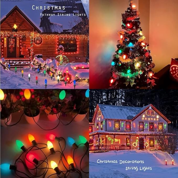 C9 Ceramic Multicolor Christmas String Lights, 25FT Vintage Christmas Lights Green Wire with 25+1 Multicolored C9 Light Bulbs, Hanging String Light for Xmas Tree Home Yard Party Decor, 7W, E17 Base
