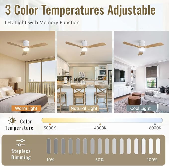 Sofucor 52 Inch Ceiling Fans with Lights, Solid Wood Ceiling Fan with Light Remote Control, Flush Mount Indoor/Outdoor Ceiling Fans, Reversible DC Motor, 3 Blade Ceiling Fan Light for Bedroom Patio