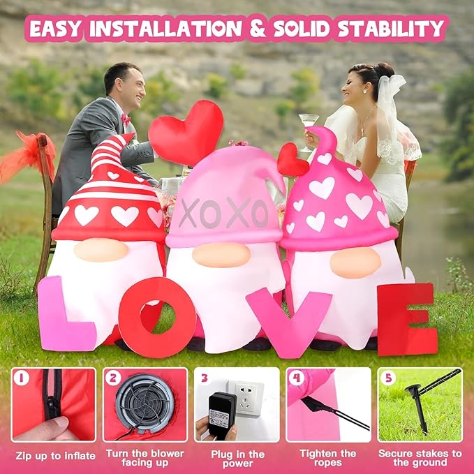 Valentines Day Inflatables Outdoor Decorations 6ft Long Gnome Love Blow Up Yard Décor Sweet Romantic Cute LED Lights for Indoor Outside Wedding Holiday Party Garden Lawn