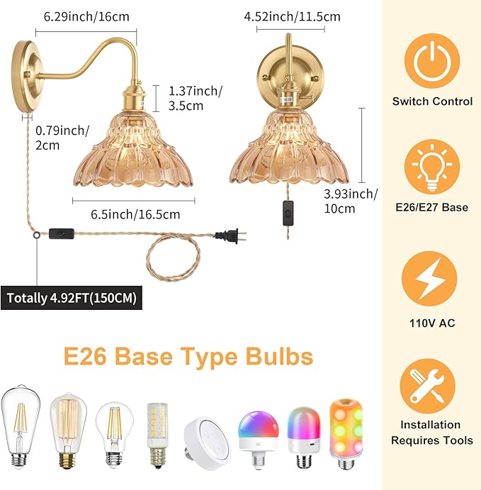 Plug in Wall Sconce Set of 2, Gold Vintage Wall Decor Lights with Amber Lily Glass Shade, Indoor Brass Corded Wall Lamp Fixture for Bedroom Living Room Bathroom Hallway