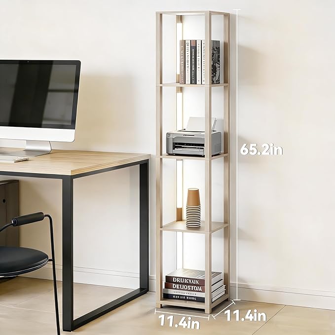 RGBCW Floor Lamp with Shelves, Smart Modern Floor Lamp with Music Sync, LED Color Changing Corner Display Shelf Lamp, Tall Lamps for Living Room and Bedroom, Bookshelf Lamp, Whitewashed Oak