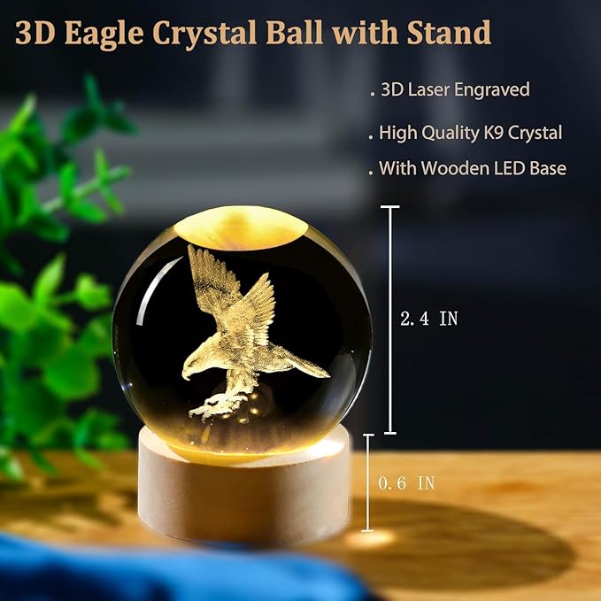 3D Laser Etched Eagle Crystal Ball, Eagle Statue Decor Crystal Sphere Lamp Night Light, Glass Animal Figurines Collectibles Gifts for Women Kids