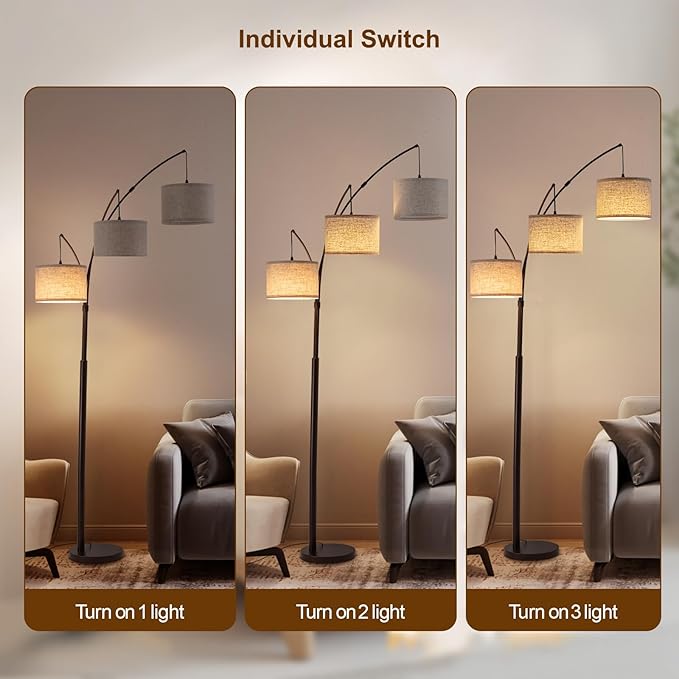 3 Light Arc Floor Lamps for Living Room, 2400LM Super Bright Floor Lamp with Remote Control, 80" Tall Floor Lamps with Stepless Dimmable, Mid Century Tree Floor Lamp for Bedroom, Office