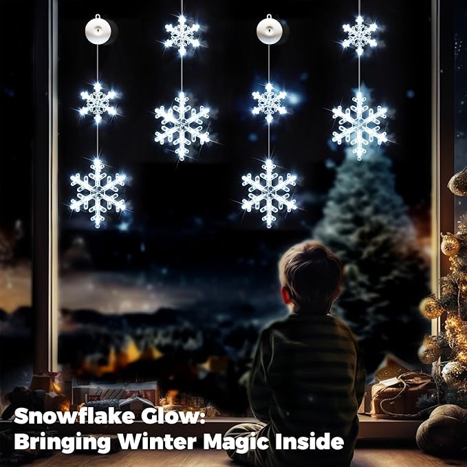 suddus Christmas Window Lights Decorations, 2Pcs Battery Operated Snowflake Lights with Suction Cup, Timer & 2modes Hanging Christmas Light for Tree, Indoor, Holiday, Fireplace, Wall, Cool White