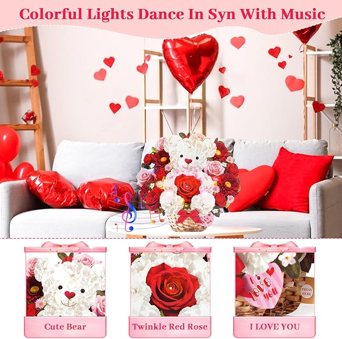 Birthday Card with MUSIC & LIGHTS, Pop Up Mothers Day Card & Anniversary Card, 10 Inch Bear Rose Forever Bouquet Mothers Day Gifts for Her Women Mom Wife