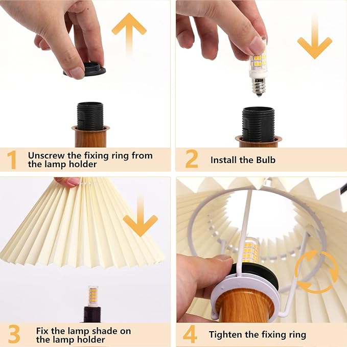 KUNJOULAM Cute Small Pleated Lamp, Modern Bedside Nightstand Light with Beige Lampshade, Wooden Pattern Metal Base Desk Lamp for Bedroom, Home Office, Living Room