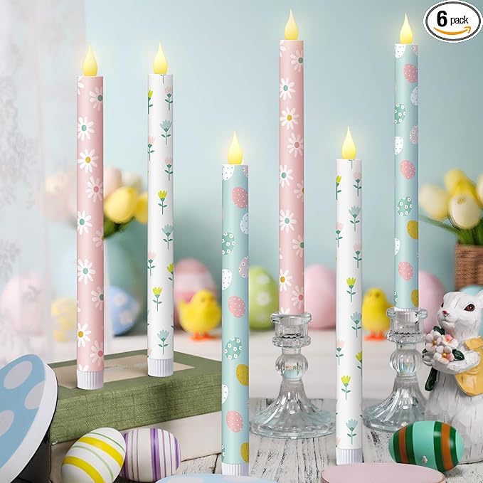 Honoson 6 Pcs Easter Flameless Taper Candles 10.6 Inch Colorful Candles Battery Operated LED Candlesticks for Easter Centerpieces Dinner Table Home Party Decor