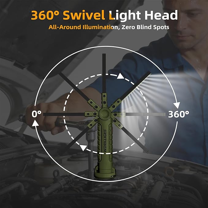 LED Work Light Rechargeable Flashlight, Easter Gifts for Men Him Husband Mechanic Torch Grill Light Inspection Lamp Magnetic Base 5 Modes 360° Rotate Car Emergency Repair 2PCS Green