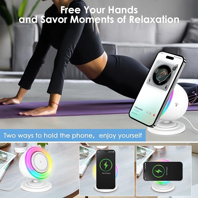 4 in 1 Bluetooth Speaker with 15W Magnetic Wireless Charger, Bedside Night Light,Touch Dimmable RGB Lights & Phone Stand for iPhone,Samsung,Android Device, Ideal Valentine‘s Gifts for Lovers (White)