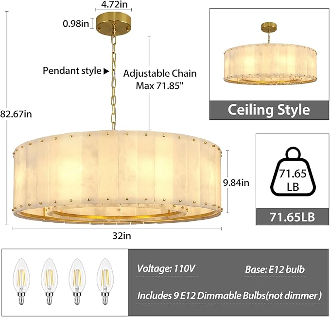 Alabaster Chandelier D32in Spanish Natural Marble Round Alabaster Chandeliers Adjustable,Modern Brass Living Room Chandelier,Gold Chandeliers for Dining Room,Bedroom,Bathroom,Foyer,E12 Bulbs Included