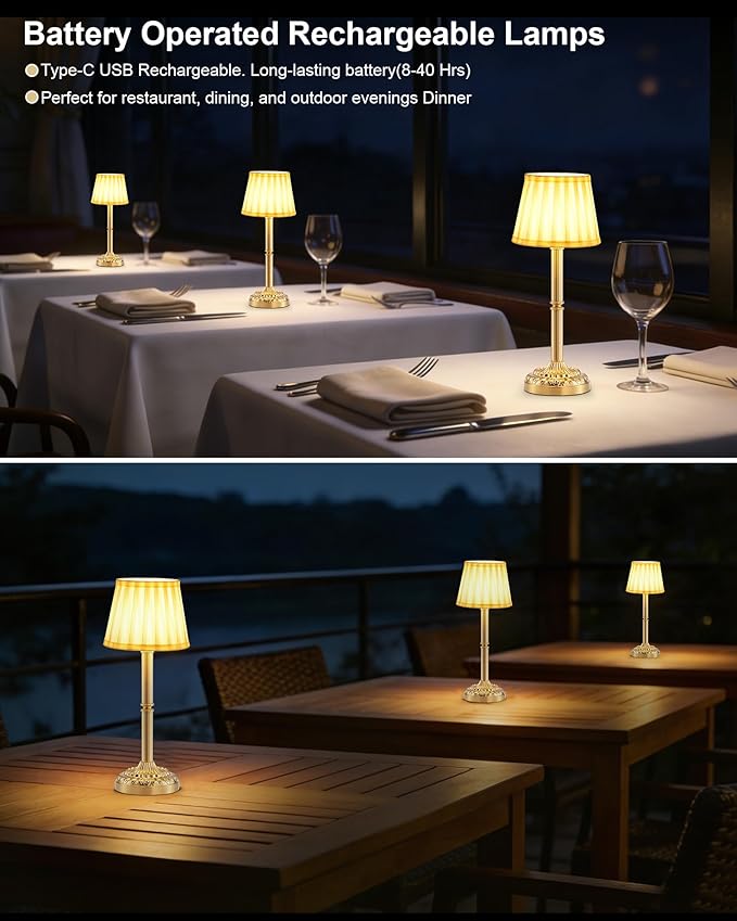 Rechargeable Cordless Table Lamps Set of 2 with Fabric Shade – Small Battery Operated Lamp, 3-Way Touch Dimmer, Portable Wireless Lighting for Restaurant Dining Bedside Kitchen Living Room Patio