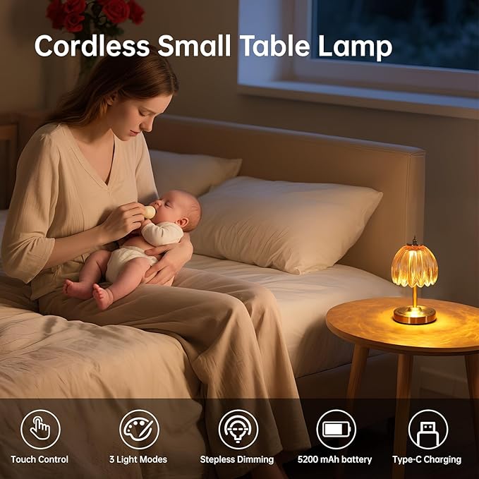 Set of 2 Tulip Table Lamp with 5200mAh Battery & Touch Control, Cordless Small Table Lamp with 3 Colors, Rechargeable Battery Operated Table Lamps for Nightstand, Bedroom (Amber Tulip)