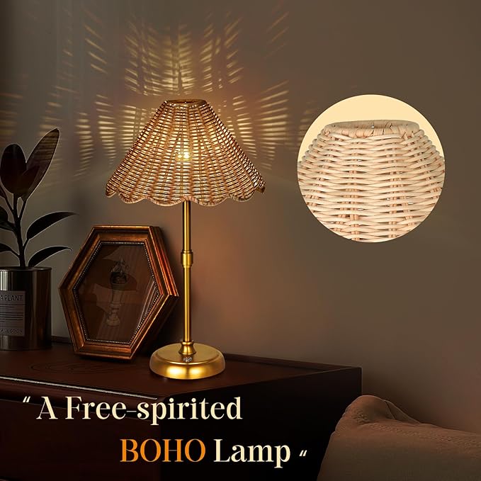 Cordless Boho Rattan Table lamp, 5200-mAh Rechargeable Battery, 3-level Brightness Dimmable, Build-in Integrated LED 320 Lumen Max, Rattan Shade, for Bedside Restaurant Resort Hotel Dining Table