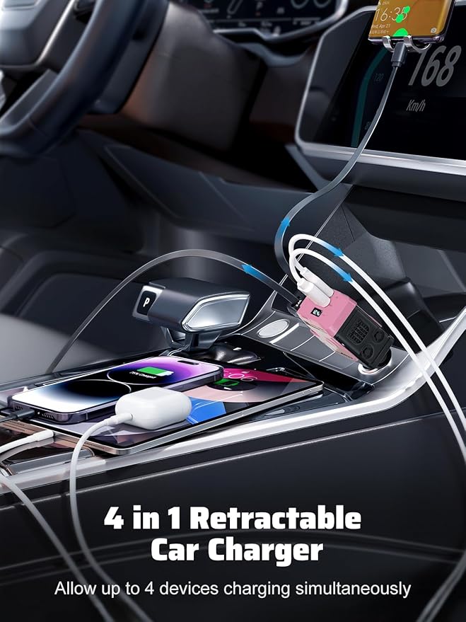 Retractable Car Charger with Retractable Cable (31.5 inch), 4 in 1 Super Fast Car Phone Charger, 2 USB Ports Adapter, Compatible with iPhone 15 14 13 12 11 Pro Max, iPad, Pixel