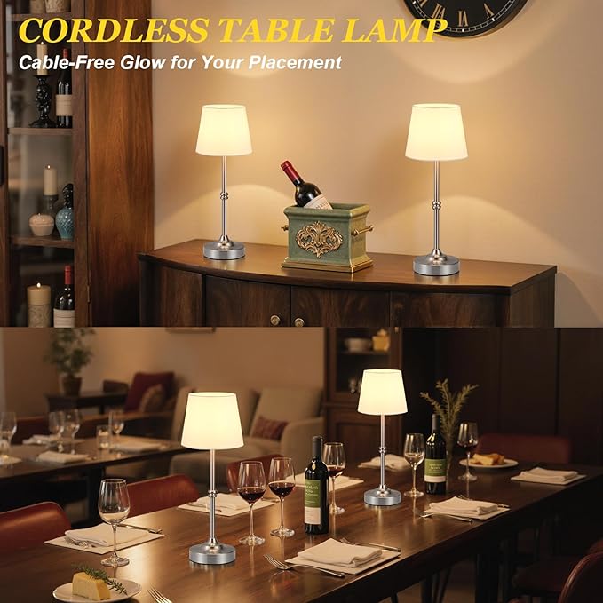 Kakanuo Rechargeable Cordless Table Lamp Silver - 2 Pack 4000mAh Battery Operated Lamp, Touch Control Stepless Dimming, for Home Decor, Dining Table, Living Room, Bedroom