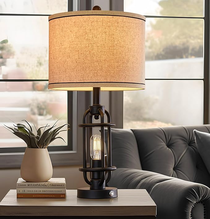 23.75'' Industrial Black Metal Table Lamps Living Room Lamp for Nightstand Bedroom lamps Set of 2 Bedside End Side Table Lamps Home Decor Touch Lamp Modern Lamps With USB Port, Bulbs Included