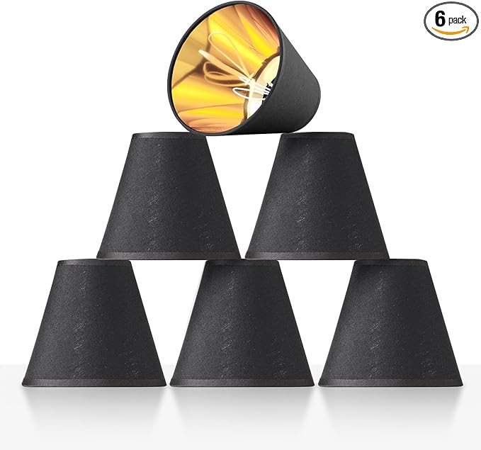 6 Pack Black Chandelier Shade with Gold Lining Hardback, 3" Top x 6" Bottom x 5" High, 3x6x5 Inches Lampshade, Perfect Cover for 6-Light Pendant Light Wall Sconce, Clip On Bulb E12 Socket(Small Size)