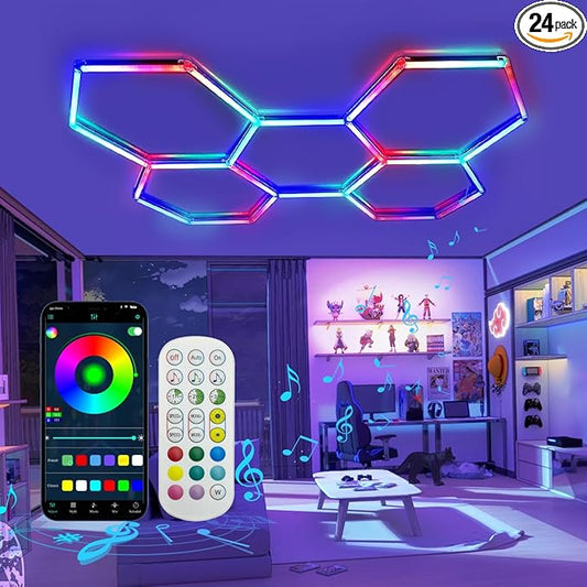 RGB Hexagon Garage Lights, 356 Colors Mode/Music Sync LED Garage Lights, Smart App & Remote Control, DIY Honeycomb Ceiling Light for Studio Gym Basement Decor Gaming Room