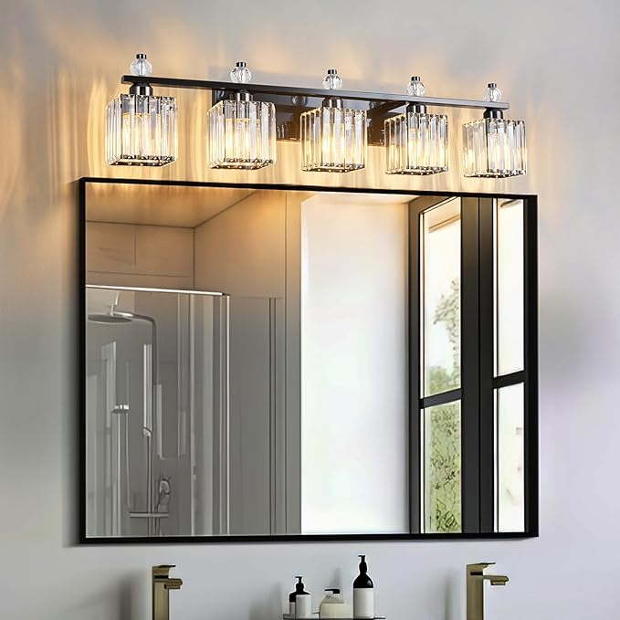 Vanity Lights 5-Light Modern Crystal Vanity Light Plating Black Bathroom Light Fixtures Over Mirror Crystal Bathroom Vanity Lighting Fixtures