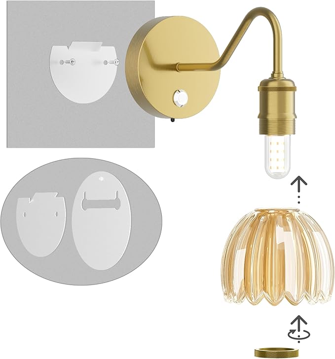 2 Pack Battery Powered Wall Sconce with Amber Tulip Glass Lampshade, Rechargeable Dimmable LED Wall Sconce for Living Room, Hallway, Bedroom, Dining Room