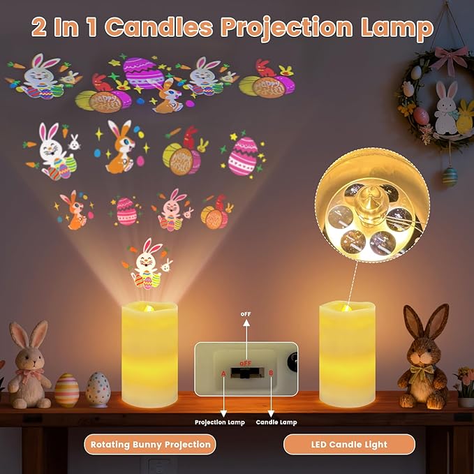 Easter Flameless Candle Projector Light, Easter Decorations Candles Lamp with Cute Bunny/Egg Projection, Battery Operated LED Candle with Remote Timer for Spring Table Home Decor (Ivory - Easter)