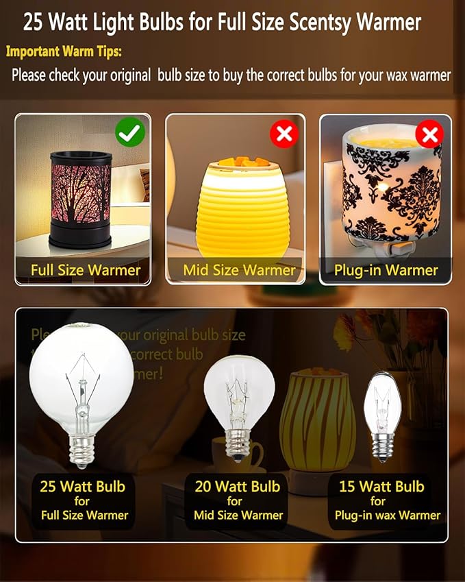 25 Watt Wax Warmer Bulbs,Light Bulbs for Full Size Scentsy Warmer & Candle Wax Warmer,Long Life-Span and Melt Wax Fast Warming Bulbs,120 V/E12 Type G Bulb,Dimmable, Warm White,6 Packs