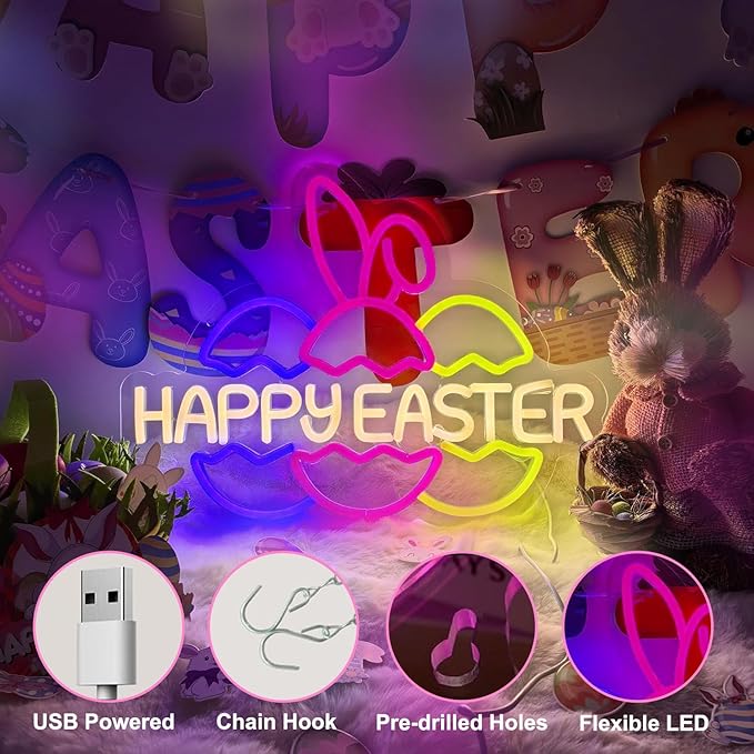 Happy Easter Neon Signs for Wall Decor, Easter Bunny Ears and Eggs Decorations Gifts, USB Dimmable LED Neon Lights Sign Party Decor for Bedroom Window Door Yard Bar Classroom Church