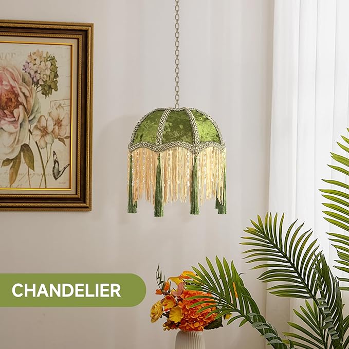 xiaojuande-Lampshade with tassels, Premium Classic Victorian, Style Bell Shape Scallop velvet top replacement lamp,10.14inch Width(olive green)
