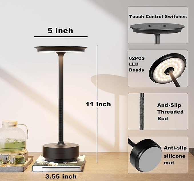 Cordless Table Lamp, LED Rechargeable Table Light with 3 Temp Settings, Stepless Dimming, 5000mAh Battery, USB-C, Memory, Aluminum Alloy, for Home, Patio, Restaurant, Outdoor. Black