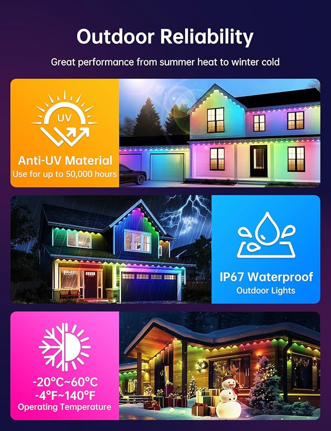 Permanent Outdoor Lights Pro 100FT with 50 Smart IC+RGBCW Christmas Halloween House Lights with Warm/Cool/Nature White LEDs, IP67 Waterproof for Holiday Daily Decor Accent Lighting