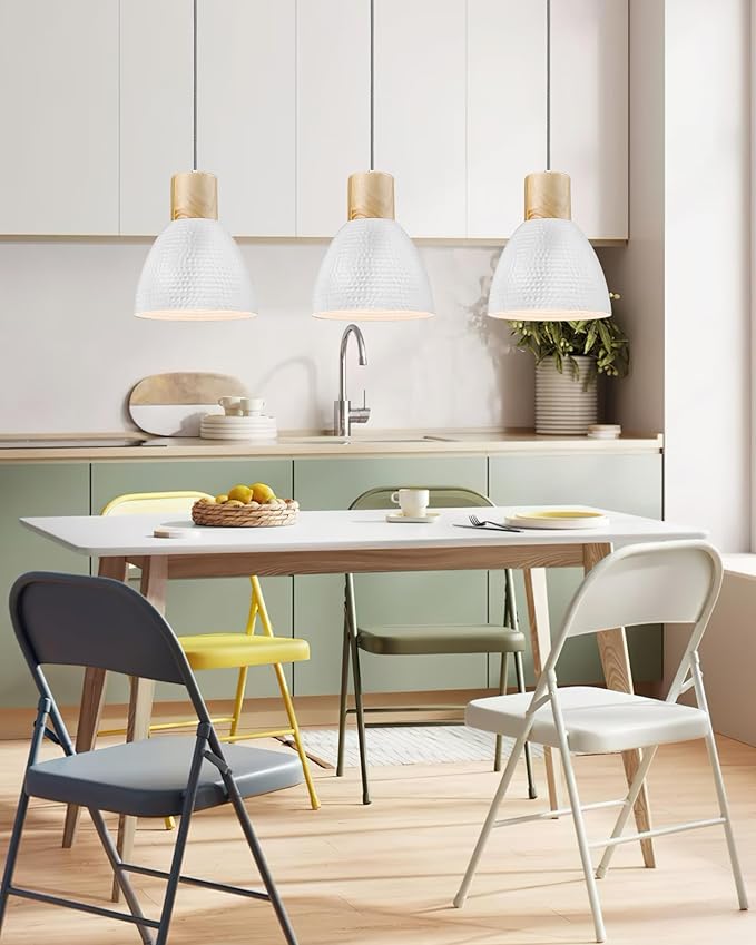 ELYONA Hammered Pendant Lights for Kitchen Island, Solid Wood Hanging Light Fixtures, Industrial Metal Pendant Light Fixtures for Bar, Dining Room, Bedroom, Office, Modern White,Small